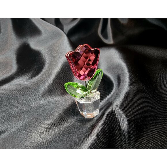 Vintage Swarovski Crystal Tulip Figurine With Red Flower & Green Leaves - Picture 3 of 5